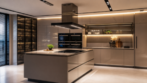 A modern kitchen with elegant lightning.
