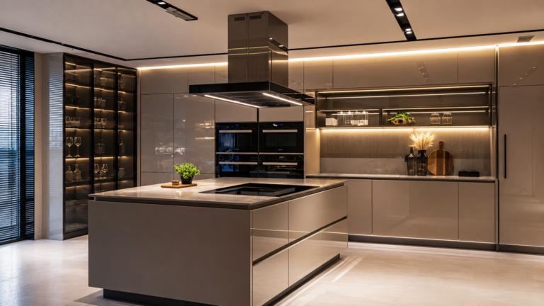 A modern kitchen with elegant lightning.