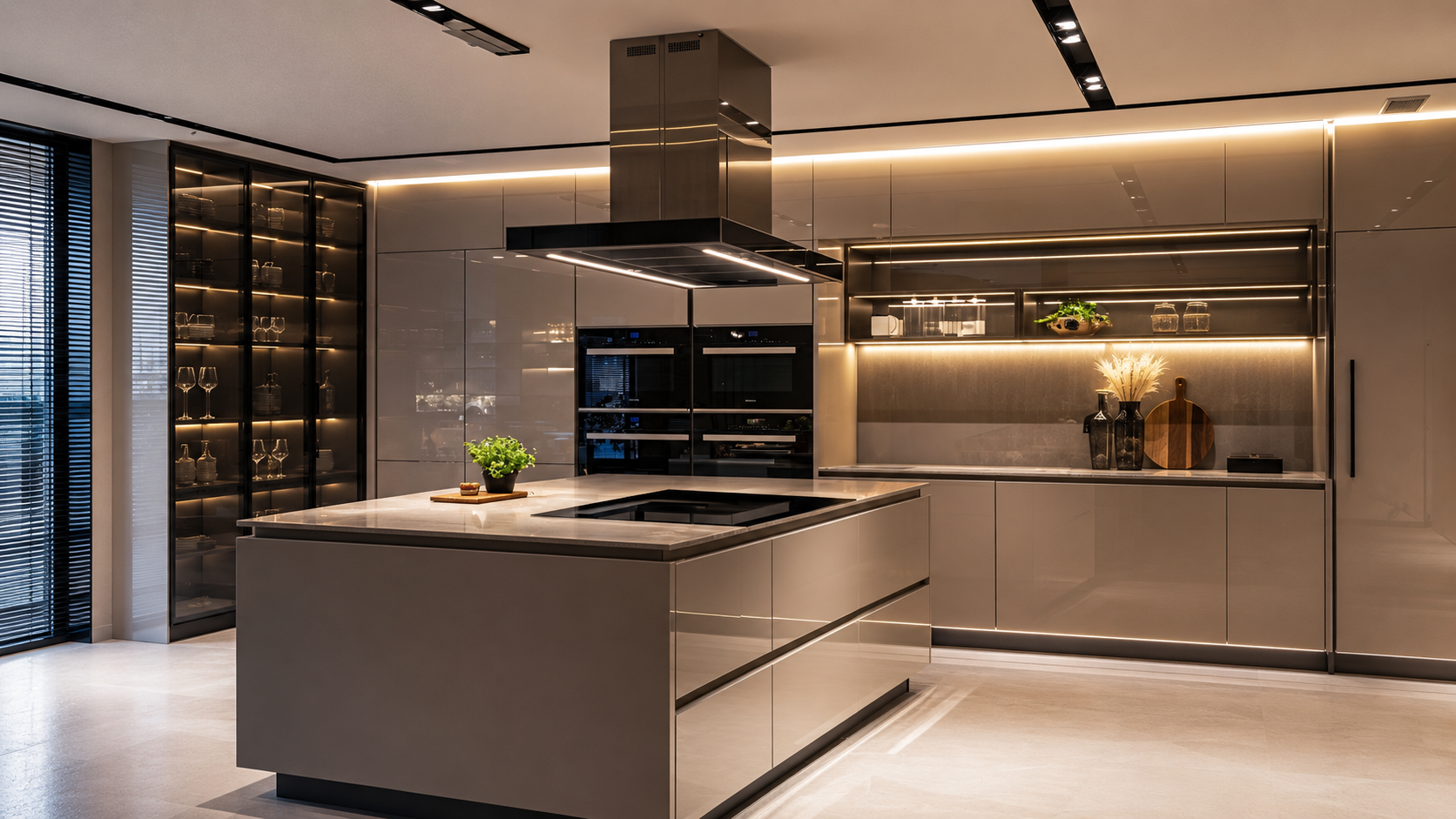 A modern kitchen with elegant lightning.